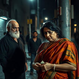 A compelling street scene featuring a middle-aged Indian woman dressed in a vibrant saree, standing on a street corner with an air of resilience