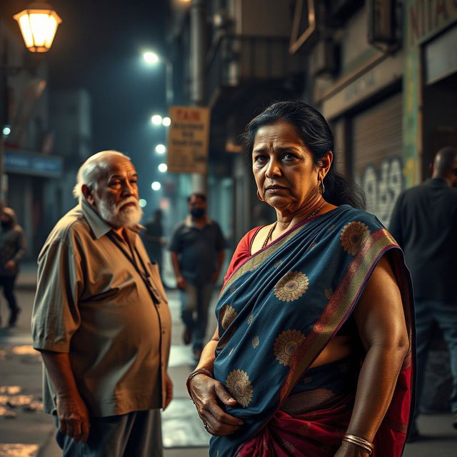 A compelling street scene featuring a middle-aged Indian woman dressed in a vibrant saree, standing on a street corner with an air of resilience