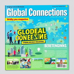 A vibrant and eye-catching front page design for a social magazine focused on globalization