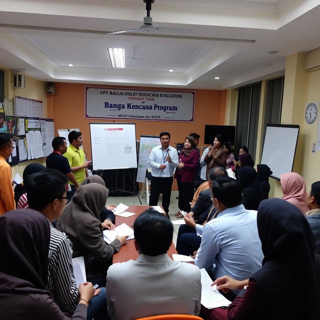 Conducting monitoring and evaluation of the Bangga Kencana Training Program at the UPT Balai Diklat Kependudukan dan KB Bogor, showcasing a professional setting with participants actively engaged in discussions and activities