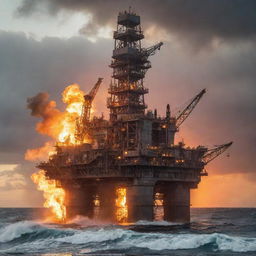 A blazing firepunk oil rig, adorned with flaring exhausts, burning coals, and molten metal components, cast against a backdrop of turbulent, Fire-tinted ocean waves under a sun-scorched sky.