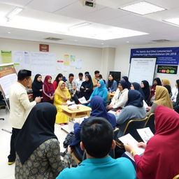 Conducting monitoring and evaluation of the Bangga Kencana Training Program at the UPT Balai Diklat Kependudukan dan KB Bogor, showcasing a professional setting with participants actively engaged in discussions and activities