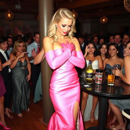 A busty blonde prom queen in a striking pink strapless prom gown with a front rip stands by a drinks table at a lively party