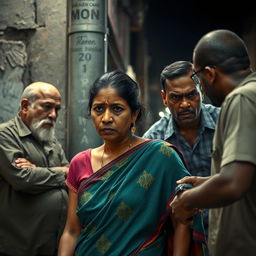 A dramatic and intense street scene depicting a 35-year-old Indian woman in a colorful saree, visibly affected by her circumstances, showing signs of having been beaten, bruised, and cut