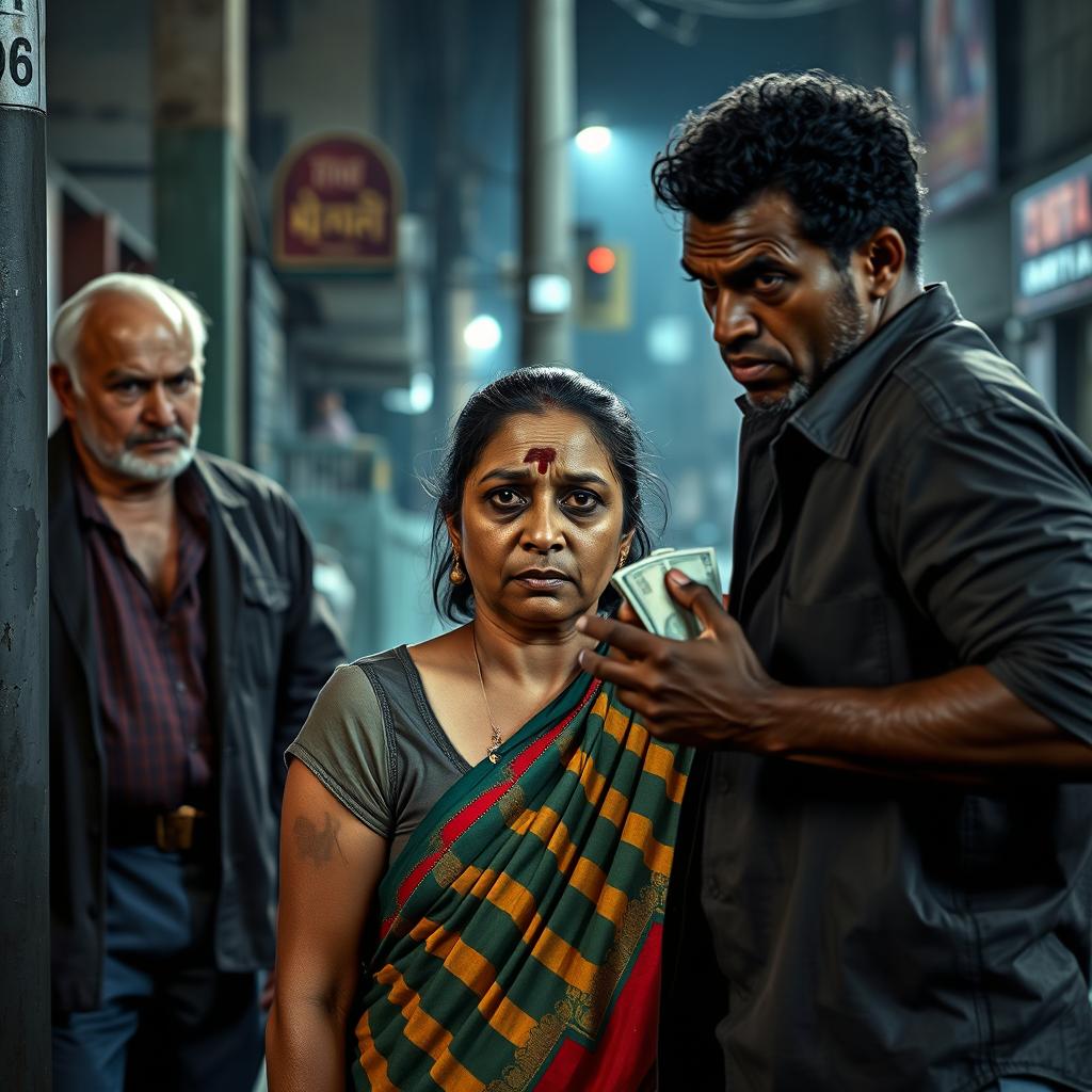 A dramatic and intense street scene depicting a 35-year-old Indian woman in a colorful saree, visibly affected by her circumstances, showing signs of having been beaten, bruised, and cut