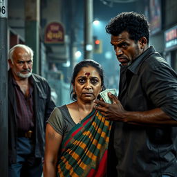 A dramatic and intense street scene depicting a 35-year-old Indian woman in a colorful saree, visibly affected by her circumstances, showing signs of having been beaten, bruised, and cut