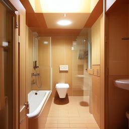 A bathroom design within a room of dimensions 2.15 meters by 1.20 meters. In this snug layout, please include a bathtub containing a shower, a toilet, and a sink.