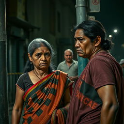 A dramatic and intense street scene depicting a 35-year-old Indian woman in a colorful saree, visibly affected by her circumstances, showing signs of having been beaten, bruised, and cut