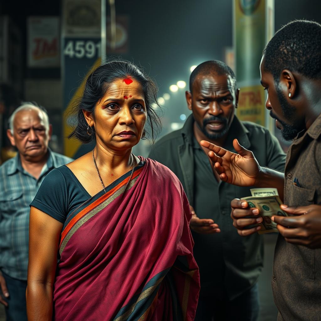 A dramatic and intense street scene depicting a 35-year-old Indian woman in a colorful saree, visibly affected by her circumstances, showing signs of having been beaten, bruised, and cut