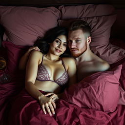 A sultry scene depicting a short Latina woman and a white man with an auburn beard, both lying together in a beautifully made bed