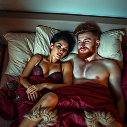 A sultry scene depicting a short Latina woman and a white man with an auburn beard, both lying together in a beautifully made bed