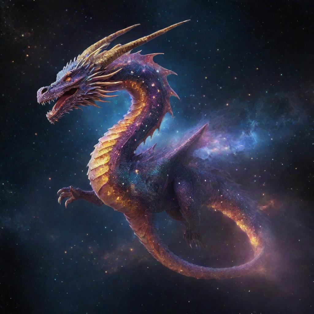 A cosmic dragon with a body crafted from glistening stars, nebulae, and galaxies, soaring through the deep expanse of space.