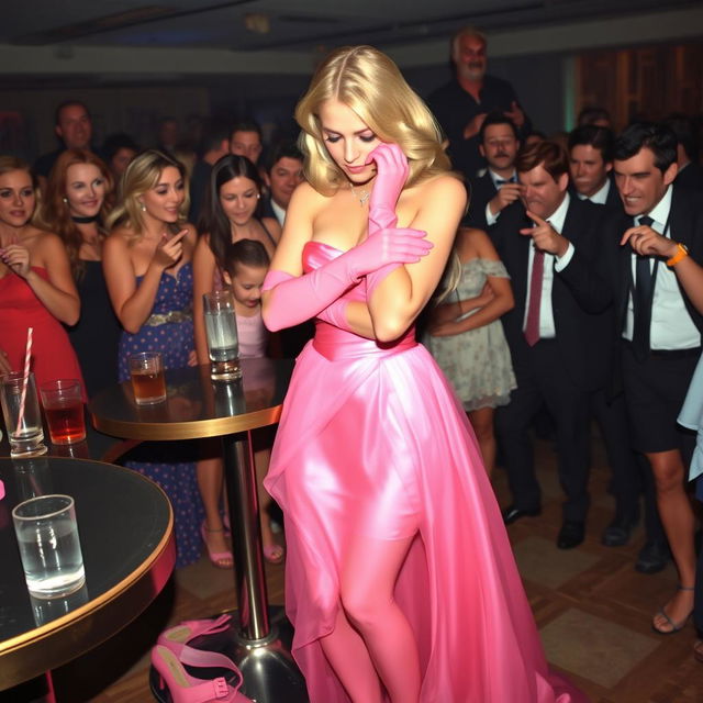 A busty blonde prom queen in a stunning pink strapless prom gown stands by a drinks table at a lively party, with her dress having fallen off, revealing her pink nylons and panties