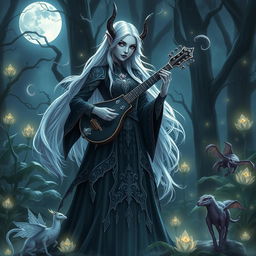 A stunning drow elf bard standing on a moonlit stage in an enchanted forest, wearing elegant, intricate dark attire adorned with silver and violet embellishments