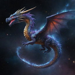 A cosmic dragon with a body crafted from glistening stars, nebulae, and galaxies, soaring through the deep expanse of space.