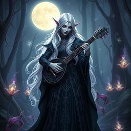 A stunning drow elf bard standing on a moonlit stage in an enchanted forest, wearing elegant, intricate dark attire adorned with silver and violet embellishments