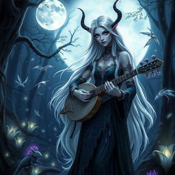 A stunning drow elf bard standing on a moonlit stage in an enchanted forest, wearing elegant, intricate dark attire adorned with silver and violet embellishments