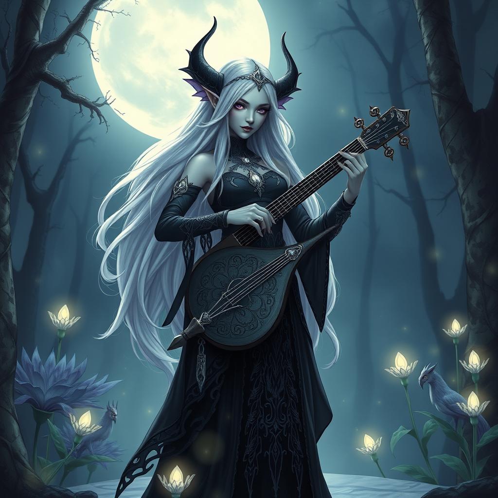 A stunning drow elf bard standing on a moonlit stage in an enchanted forest, wearing elegant, intricate dark attire adorned with silver and violet embellishments