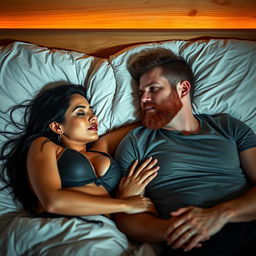 A cozy bedroom scene featuring a short Latina woman and a white man with an auburn beard, both lying comfortably together in bed