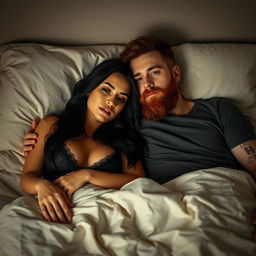 A cozy bedroom scene featuring a short Latina woman and a white man with an auburn beard, both lying comfortably together in bed