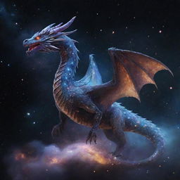 A cosmic dragon with a body crafted from glistening stars, nebulae, and galaxies, soaring through the deep expanse of space.