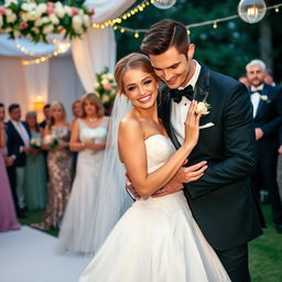 A stylish bride with a playful smirk, dressed in a beautiful white wedding gown, embracing her handsome fiancé, who is wearing a sharp tuxedo