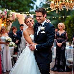 A stylish bride with a playful smirk, dressed in a beautiful white wedding gown, embracing her handsome fiancé, who is wearing a sharp tuxedo