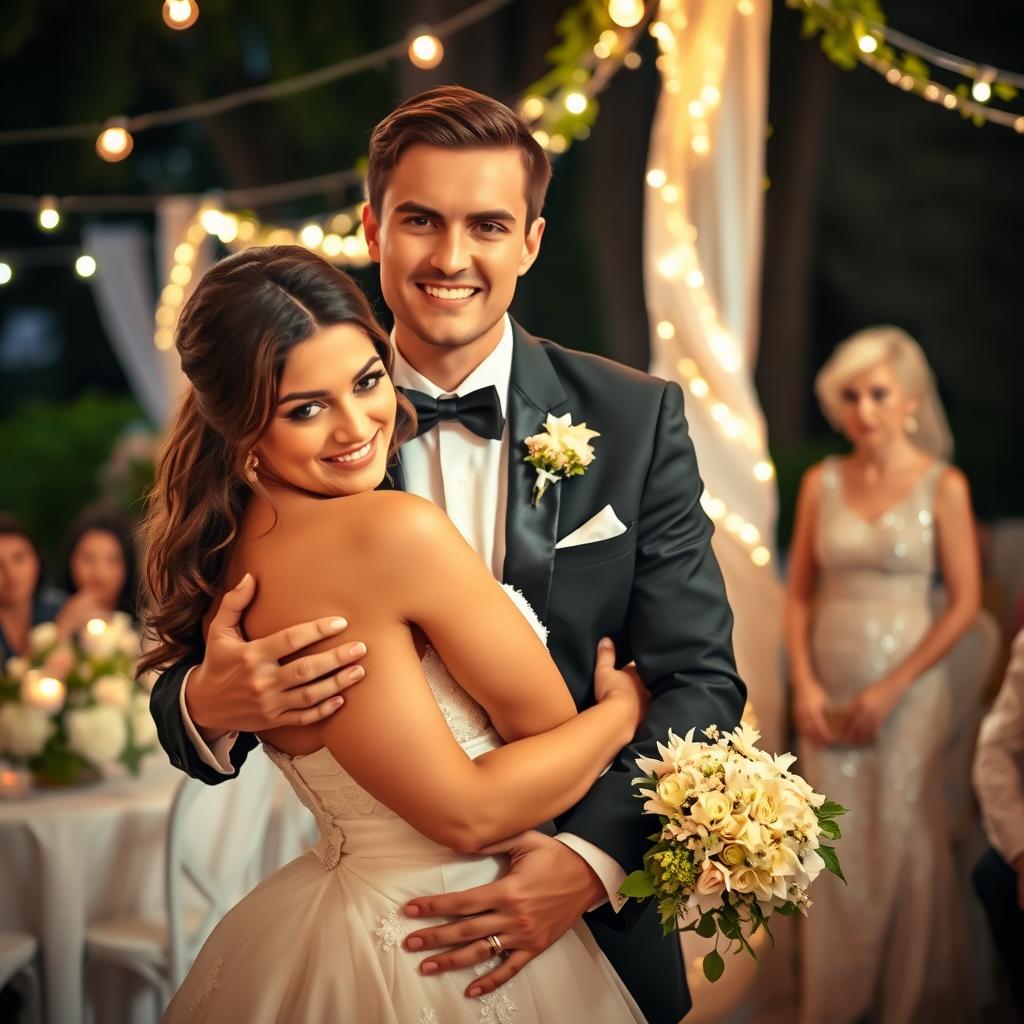 A stylish bride with a playful smirk, dressed in a beautiful white wedding gown, embracing her handsome fiancé, who is wearing a sharp tuxedo