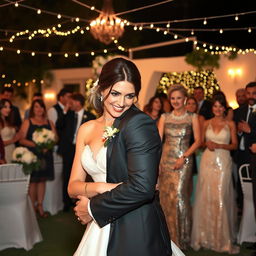 A stylish bride with a playful smirk, dressed in a beautiful white wedding gown, embracing her handsome fiancé, who is wearing a sharp tuxedo