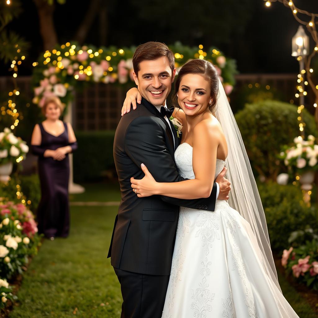 A confident bride with a cheeky smirk, adorned in a stunning white wedding gown with intricate lace details, is joyfully embracing her handsome fiancé, who is dressed in a classic black tuxedo with a bow tie