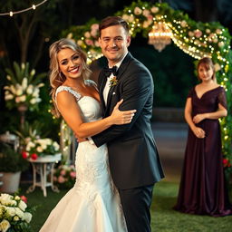 A confident bride with a cheeky smirk, adorned in a stunning white wedding gown with intricate lace details, is joyfully embracing her handsome fiancé, who is dressed in a classic black tuxedo with a bow tie