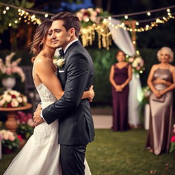 A confident bride with a cheeky smirk, adorned in a stunning white wedding gown with intricate lace details, is joyfully embracing her handsome fiancé, who is dressed in a classic black tuxedo with a bow tie