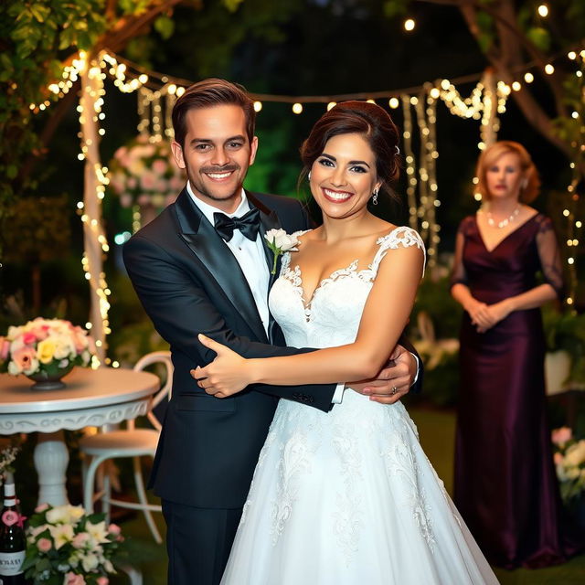 A confident bride with a cheeky smirk, adorned in a stunning white wedding gown with intricate lace details, is joyfully embracing her handsome fiancé, who is dressed in a classic black tuxedo with a bow tie