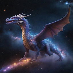 A cosmic dragon with a body crafted from glistening stars, nebulae, and galaxies, soaring through the deep expanse of space.