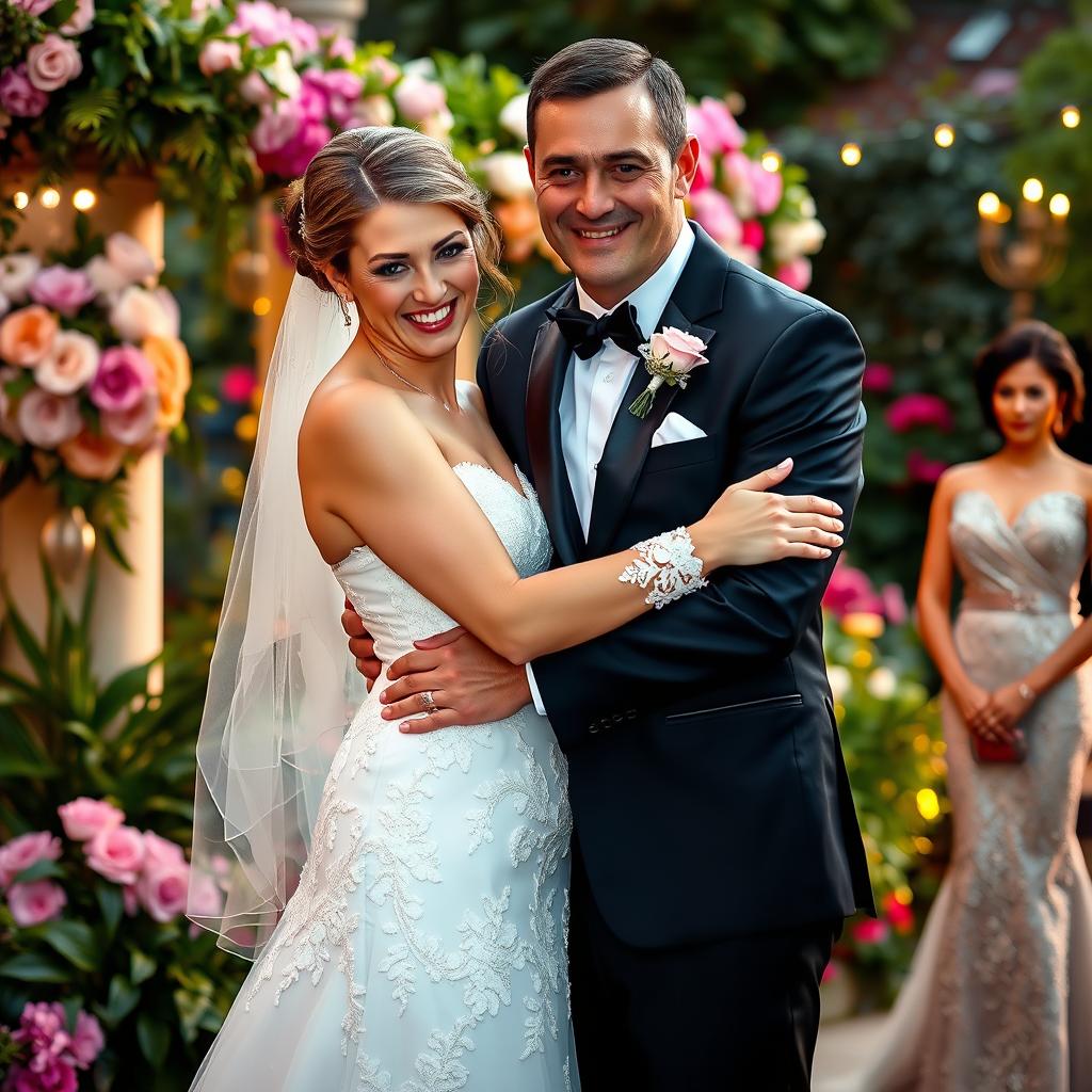 A beautiful bride with a mischievous smirk, wearing a stunning white wedding gown embellished with delicate lace, joyfully embraces her handsome fiancé, who is dressed in a sharp black tuxedo