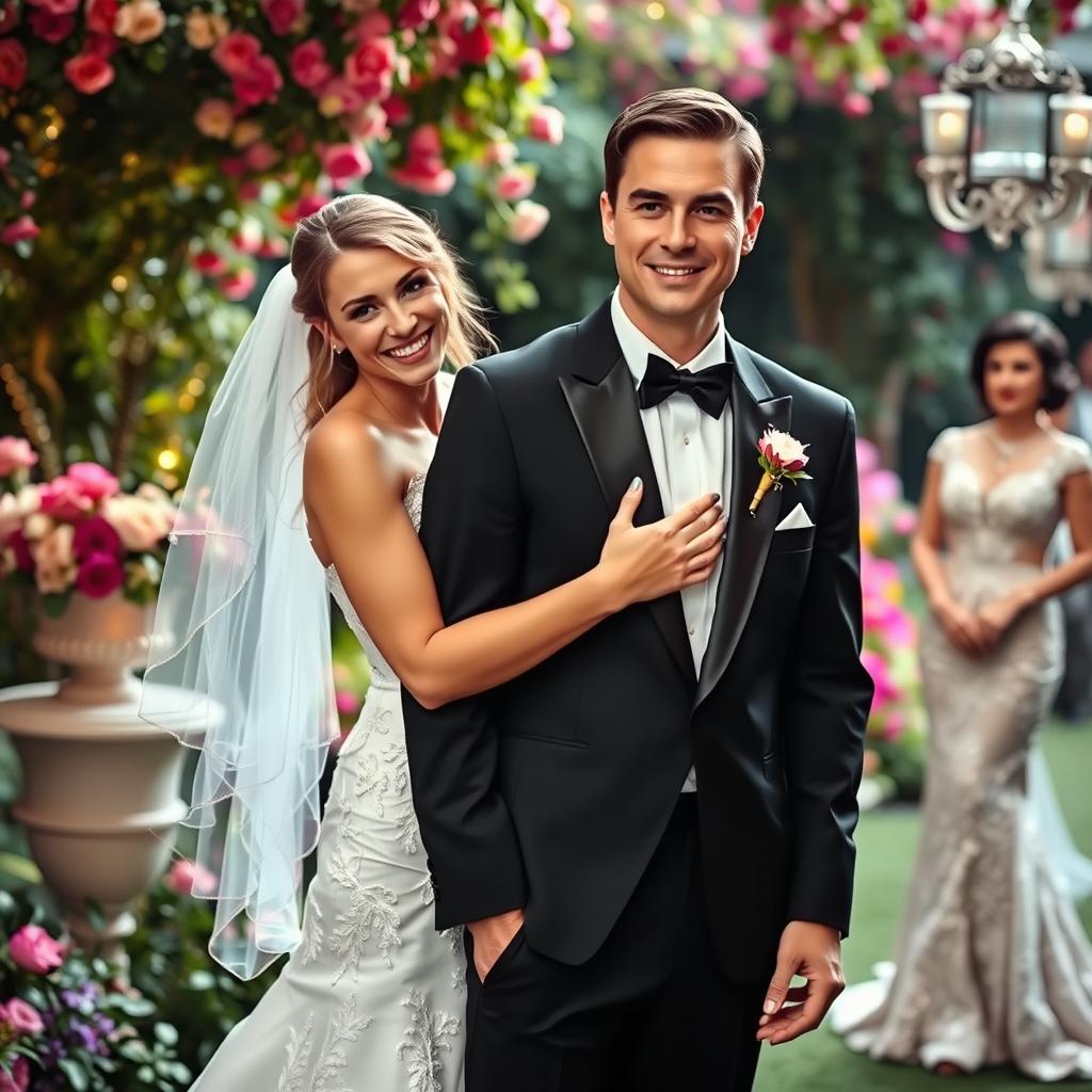 A beautiful bride with a mischievous smirk, wearing a stunning white wedding gown embellished with delicate lace, joyfully embraces her handsome fiancé, who is dressed in a sharp black tuxedo