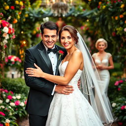 A beautiful bride with a mischievous smirk, wearing a stunning white wedding gown embellished with delicate lace, joyfully embraces her handsome fiancé, who is dressed in a sharp black tuxedo