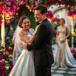 A beautiful bride with a mischievous smirk, wearing a stunning white wedding gown embellished with delicate lace, joyfully embraces her handsome fiancé, who is dressed in a sharp black tuxedo