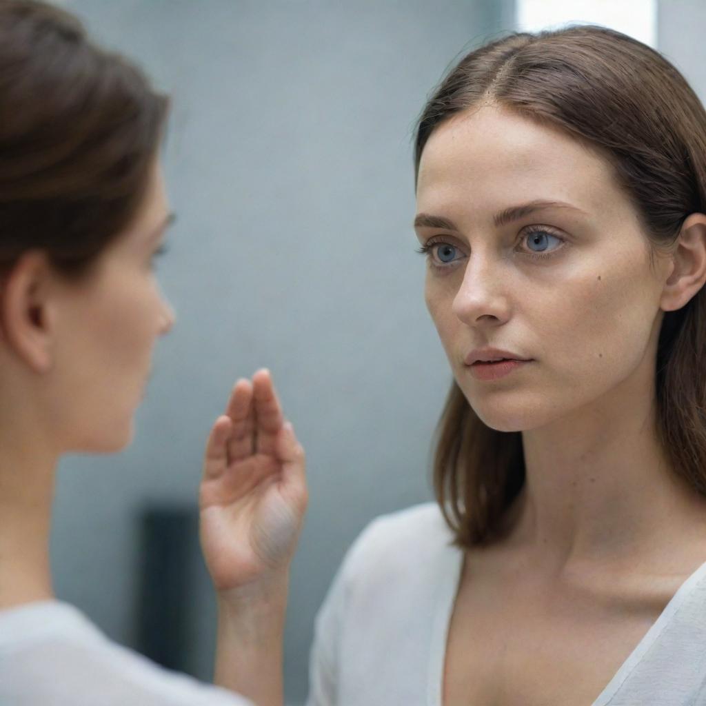 A realistic portrait of a woman staring into a mirror, and instead of her own reflection, she sees a sophisticated Artificial Intelligence entity.