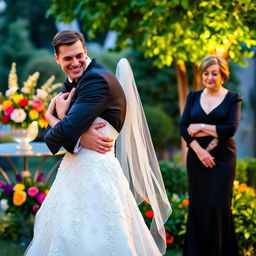 A lovely bride, wearing a stunning and intricate white wedding gown, displays a cheeky smirk as she joyfully hugs her handsome fiancé, who is elegantly attired in a classic black tuxedo with a bow tie