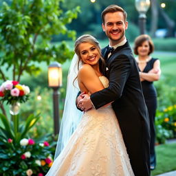 A lovely bride, wearing a stunning and intricate white wedding gown, displays a cheeky smirk as she joyfully hugs her handsome fiancé, who is elegantly attired in a classic black tuxedo with a bow tie