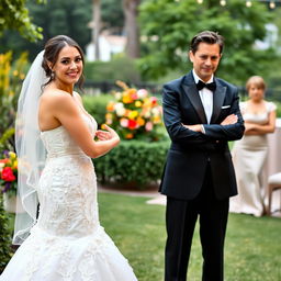 A lovely bride, wearing a stunning and intricate white wedding gown, displays a cheeky smirk as she joyfully hugs her handsome fiancé, who is elegantly attired in a classic black tuxedo with a bow tie