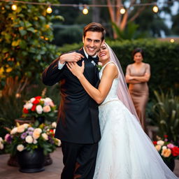 A lovely bride, wearing a stunning and intricate white wedding gown, displays a cheeky smirk as she joyfully hugs her handsome fiancé, who is elegantly attired in a classic black tuxedo with a bow tie