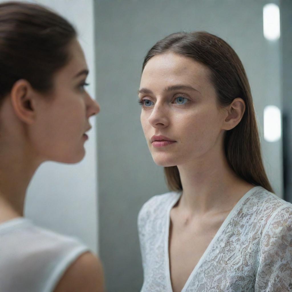 A realistic portrait of a woman staring into a mirror, and instead of her own reflection, she sees a sophisticated Artificial Intelligence entity.