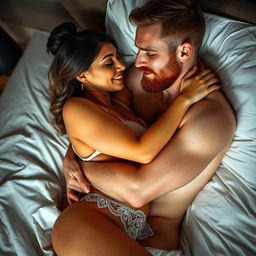 A short Latina woman wearing revealing lingerie is in a very sexy embrace with a white man who has an auburn beard and is shirtless, both in a comfortable bed