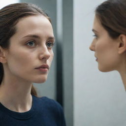 A realistic portrait of a woman staring into a mirror, and instead of her own reflection, she sees a sophisticated Artificial Intelligence entity.