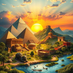 A visually engaging representation of ancient civilizations, showcasing impressive structures such as the pyramids of Egypt, Greek temples, and the Great Wall of China