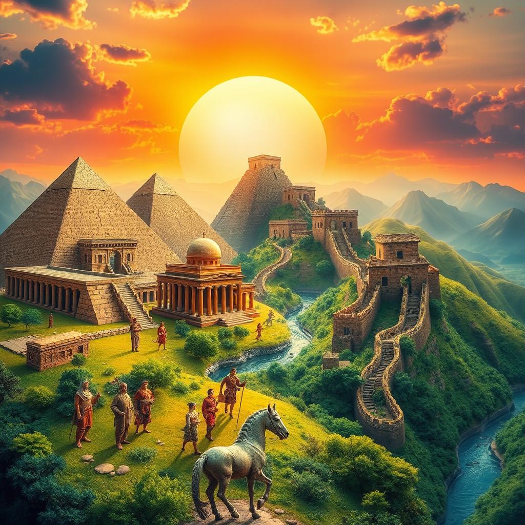 A visually engaging representation of ancient civilizations, showcasing impressive structures such as the pyramids of Egypt, Greek temples, and the Great Wall of China