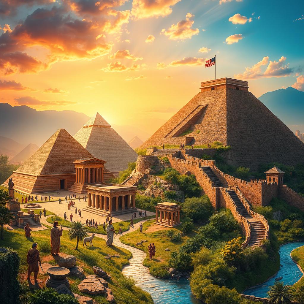 A visually engaging representation of ancient civilizations, showcasing impressive structures such as the pyramids of Egypt, Greek temples, and the Great Wall of China