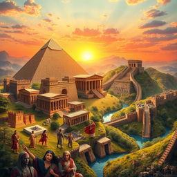 A visually engaging representation of ancient civilizations, showcasing impressive structures such as the pyramids of Egypt, Greek temples, and the Great Wall of China